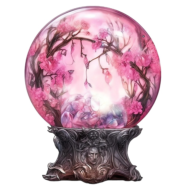 ファンタジー水彩ピンク花クリスタル ボール イラスト