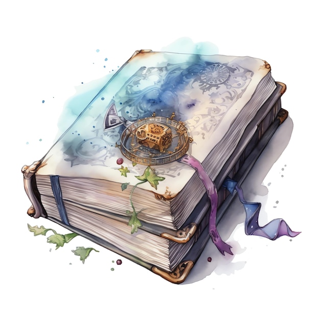 Fantasy watercolor spell book of a wizard illustration