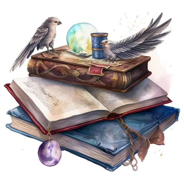 Fantasy watercolor spell books with a bird illustration