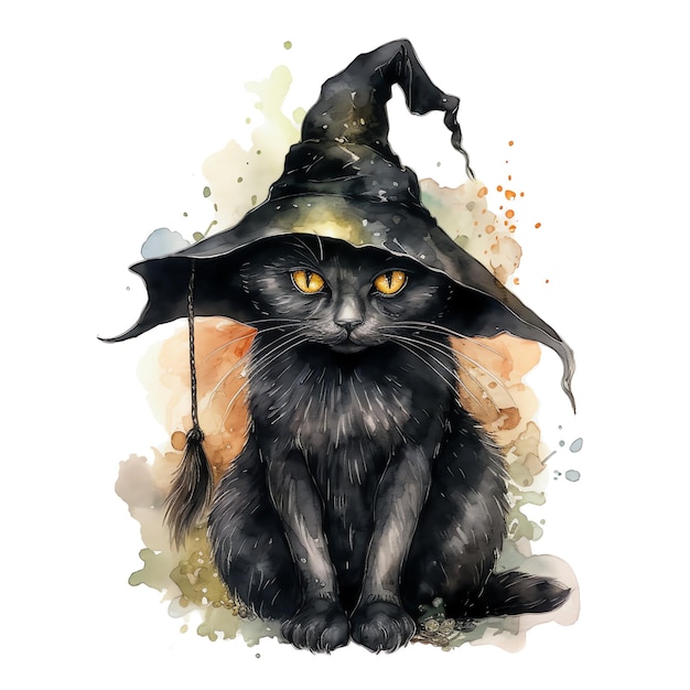 Fantasy watercolor witch cat halloween illustration