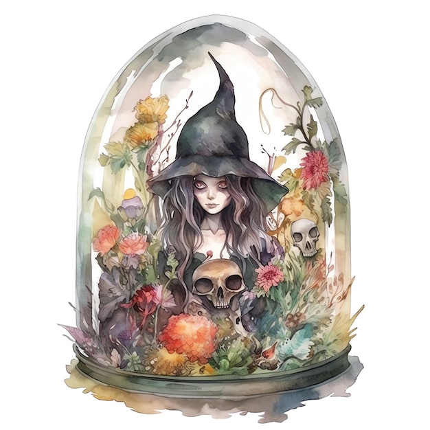 Fantasy watercolor witch illustration