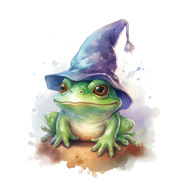 Fantasy watercolor wizard frog illustration