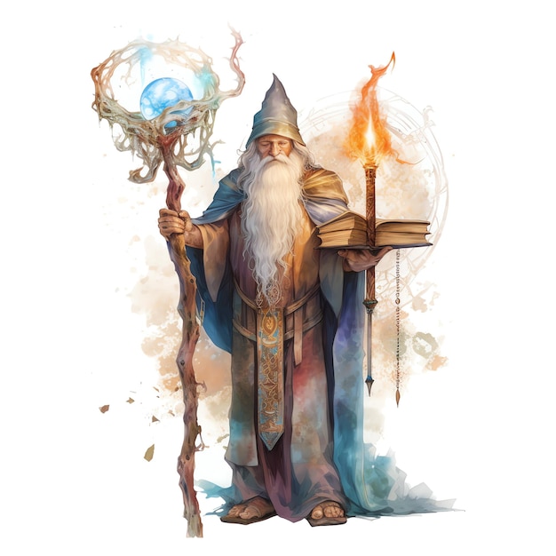 Fantasy watercolor wizard illustration