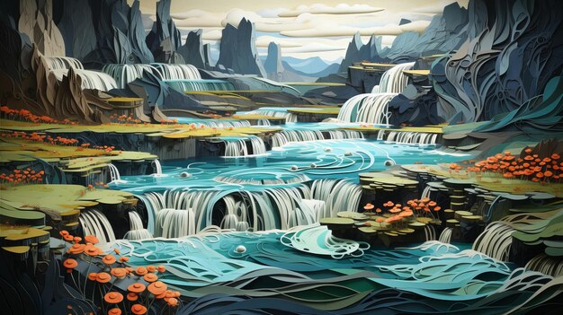 Fantasy Waterfall in Iceland in the sunset paper quilling style