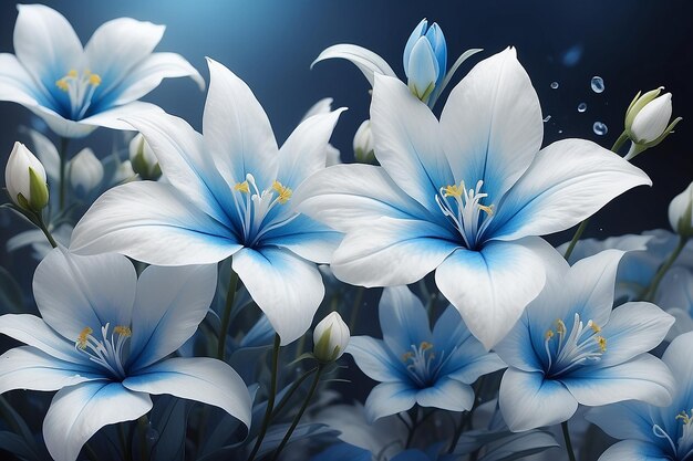 The fantasy white and blue flowers close up