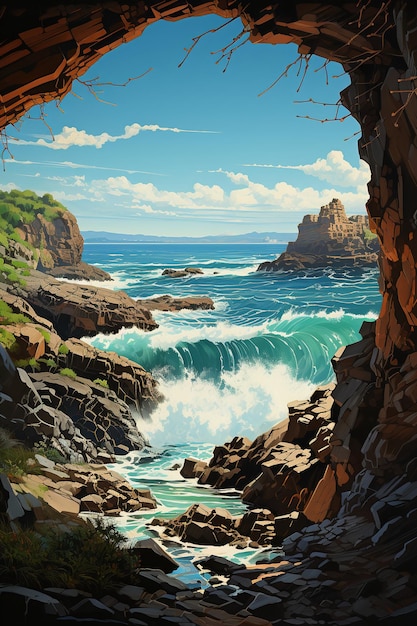 Fantasy window to a view of ocean and rocks AI generative