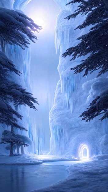ファンタジーの冬の風景 雪の中で凍った川の木 美しい冬の背景 魔法のおとぎ話のネオンの風景 冬の森のポータル 魔法の 3Dillustration