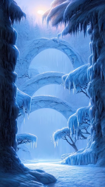 Fantasy winter landscape frozen river trees in the snow Beautiful winter background Magic fairy tale neon landscape winter forest portal magic 3Dillustration