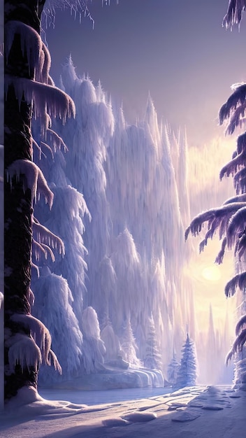 Fantasy winter landscape frozen river trees in the snow\
beautiful winter background magic fairy tale neon landscape winter\
forest portal magic 3dillustration