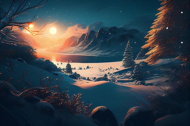 Fantasy winter landscape Sunrise over the rivergenerative ai