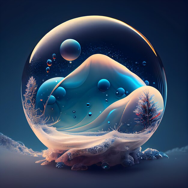 Fantasy winter landscape with snow and trees in a glass sphere