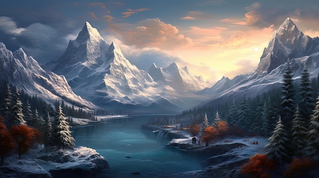 Fantasy winter landscape with snowcapped mountains