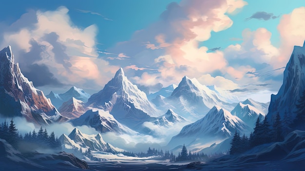 Fantasy winter landscape with snowcapped mountains