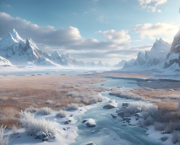 Fantasy winter mountain landscape with glaciers snow mountains and ice everywhere