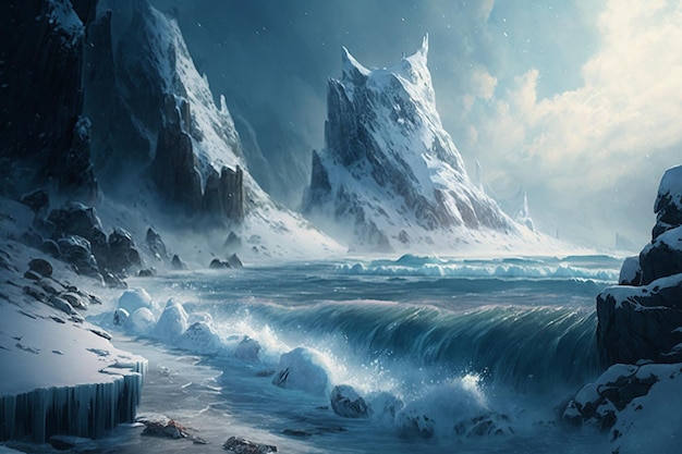 Fantasy Winter mountains frozen ice background image Ai generated art