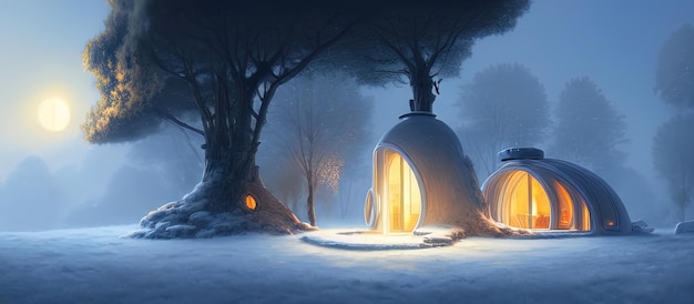 Fantasy winter tree house in the snow cold abstract fantasy\
landscape trees snowdrifts snow capsule house