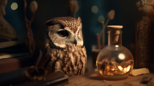 Fantasy wise owl is the keeper of secrets holds golden key to knowledge