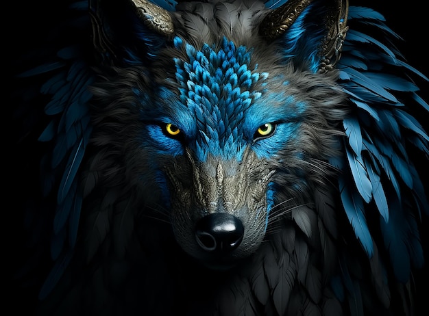 fantasy wolf head in blue fur and feathers closeup portrait dramatic low light key