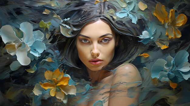 Fantasy woman face autumn in leaves flowers