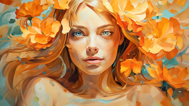 Fantasy woman face autumn in leaves flowers