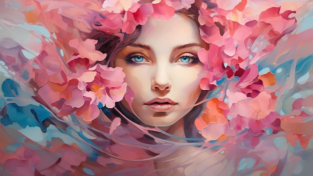 Fantasy woman face autumn in leaves flowers