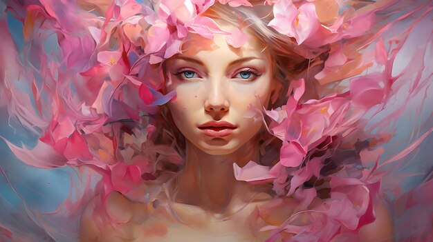 Fantasy woman face autumn in leaves flowers