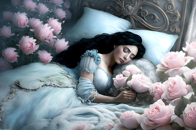 Photo fantasy woman sleeping beauty lies sleep with flowers neural network ai generated