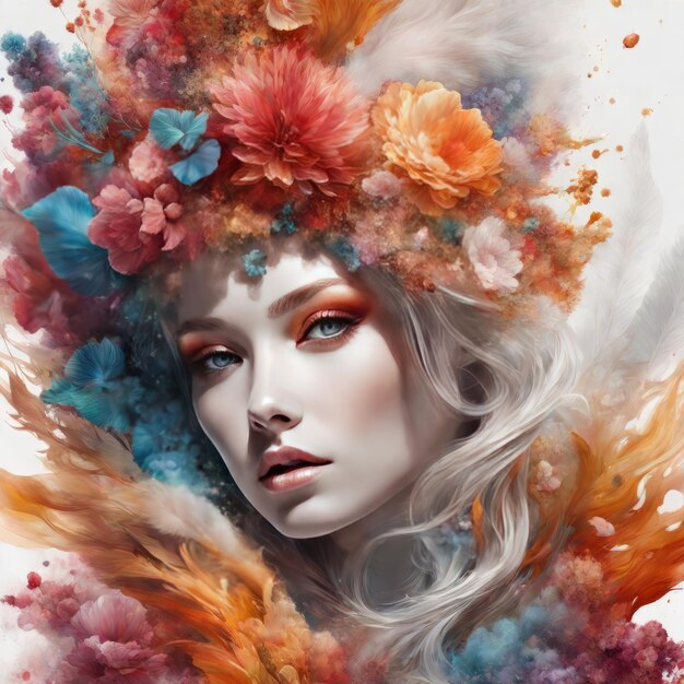 fantasy woman with flowers fantasy woman with flowers 3D illustration of a beautiful woman face