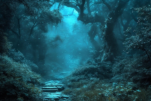 Fantasy wonderland landscape in dark forest