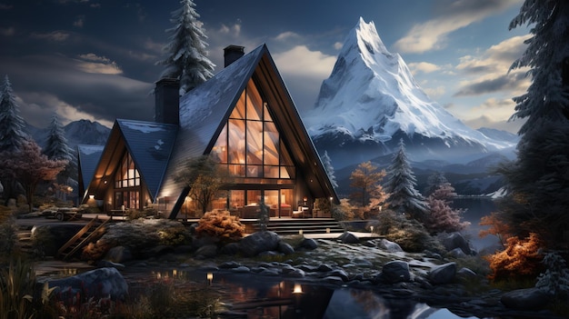 雪の山のあるファンタジー木造住宅