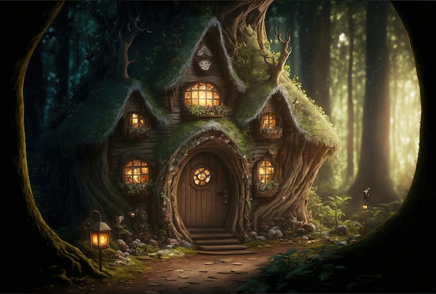 幻想的な森の小屋と妖精のいる架空の村