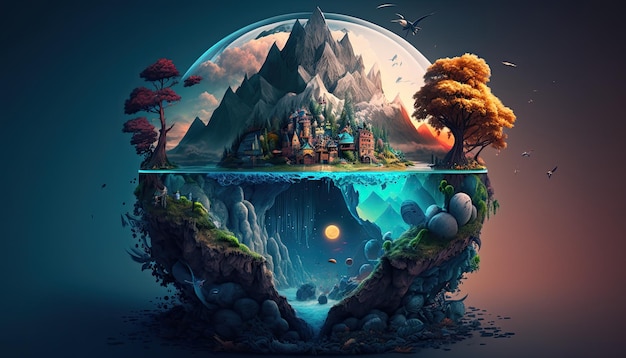 A fantasy world in alien landscape surreal ultra detailed stunning colorful digital art creative unique planet Generative ai