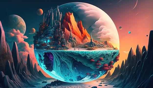 A fantasy world in alien landscape surreal ultra detailed stunning colorful digital art creative unique planet Generative ai