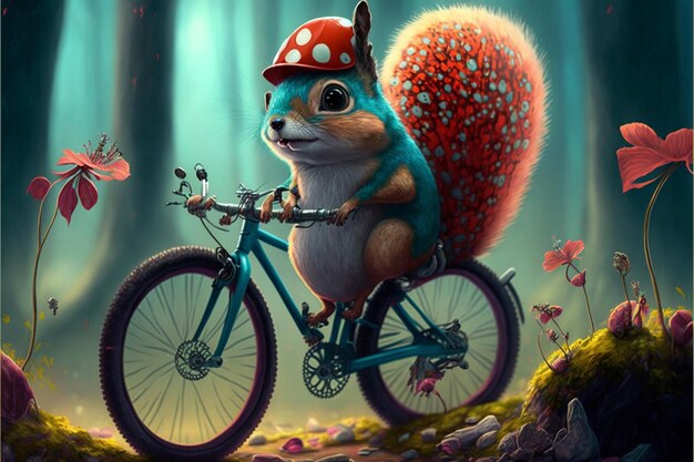 Fantasy world of creatures animals doing humanlike existence cycling sport bicycling ai generative