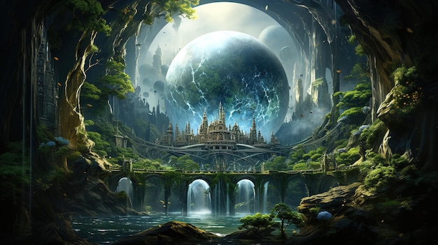 Photo fantasy world depiction floating city in a giant bubble amidst nature's splendor