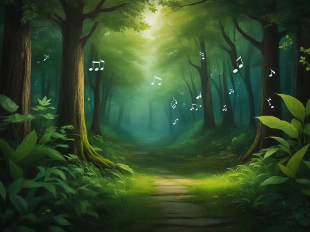 Fantasy world enchanted forest with magic lights beautiful butterflies and way between trees