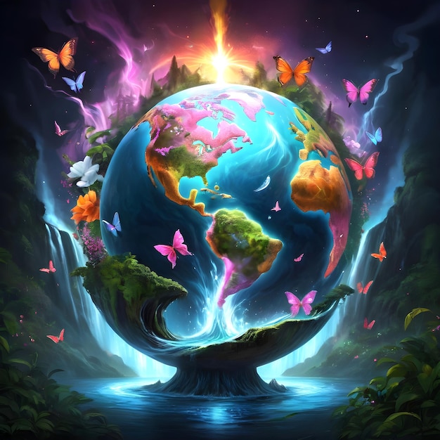 Fantasy world globe concept with colorful butterflies