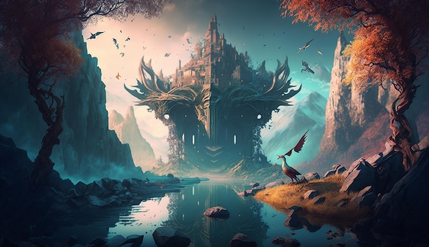 Fantasy world landscape vector illustration wallpaper image Ai generated art