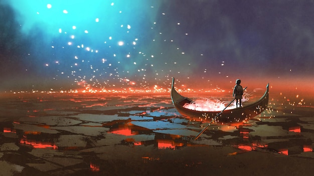 Photo fantasy world scenery showing a boy rowing a boat in the land of volcanic, digital art style, illustration painting