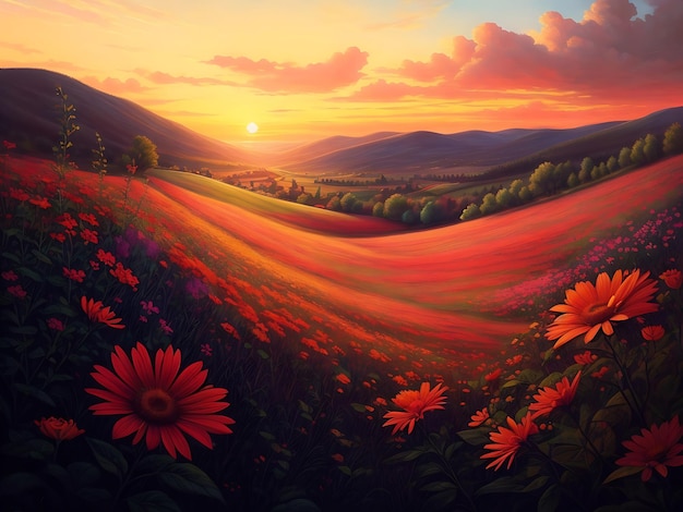 Fantasy world sunset on flower field