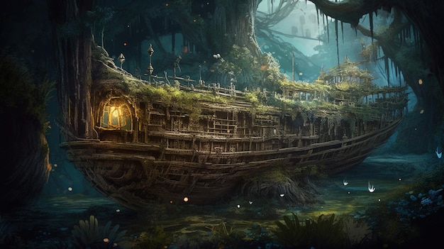 A fantasy world with a boat in the water