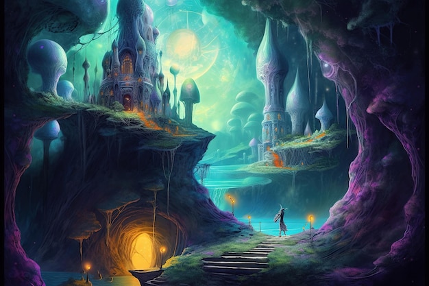 A fantasy world with a castle and a man walking in the dark