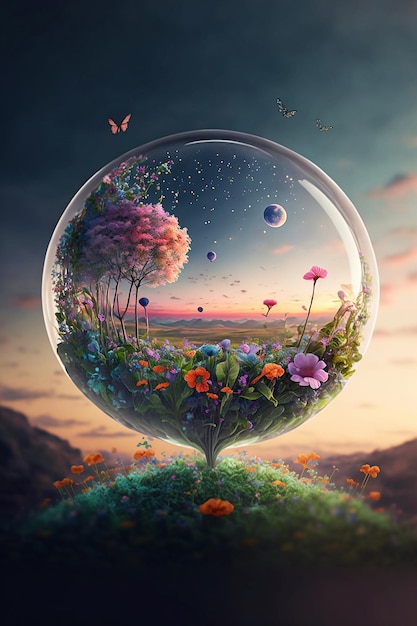 Fantasy world with flowers and sunset in transparent sphere