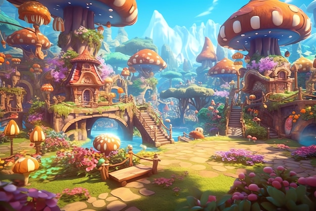 A fantasy world with a mushroom garden and a bridge