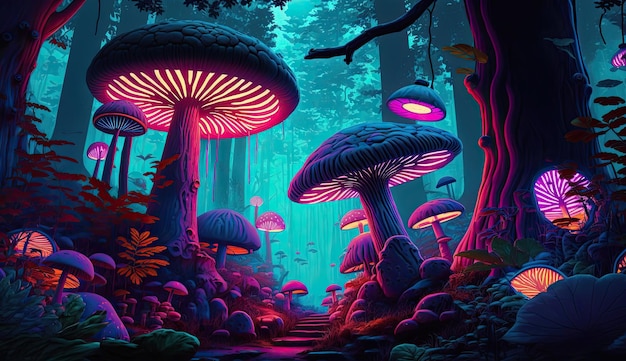 A fantasy world with mushrooms and a blue light.