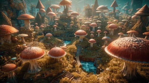 A fantasy world with mushrooms and a lake