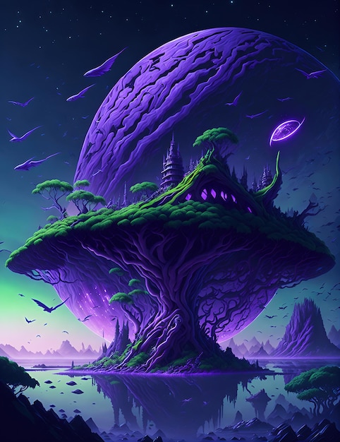 A fantasy world with a purple sunset green floating island spaceview comets jungle birds