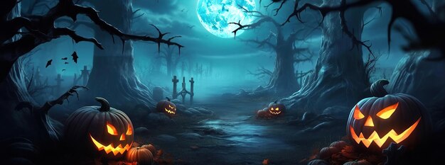 ハロウィーンの幻想に満ちたスペクトラクル - 神話的な生き物が夕暮れの森をさまよって異世界的な要素で魅力的なシーンを織る - バナー