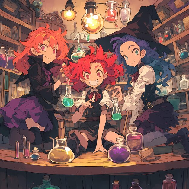 Photo fantasyinspired alchemy lab with three characters