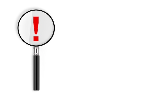 FAQ Concept. Magnifying Glass with Exclamation Mark on a white background. 3d Rendering